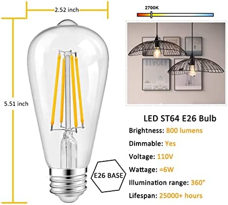 Zatamnjiva Vintage LED sijalica od 6 W, St64 Edison sijalica, ekvivalentne sijalice za uštedu energije