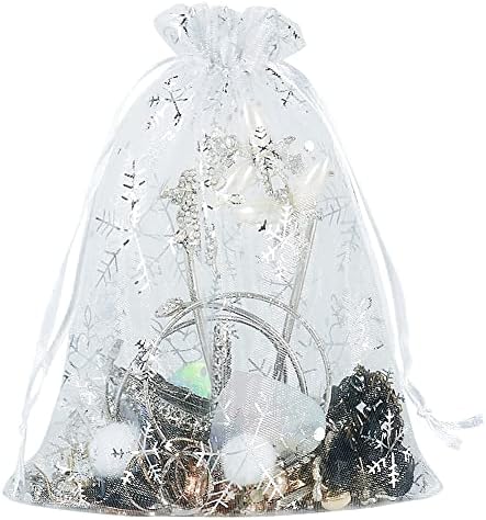 HRX paket 100kom Snowflake Organza torbe Božić 5x7 inča, bijele vezice mrežaste poklon torbice