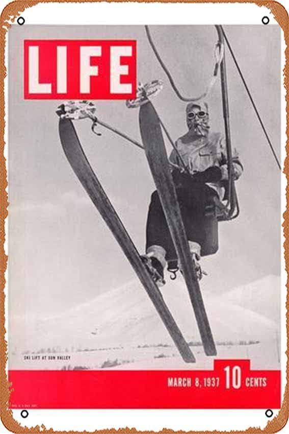 Life Sun Valley Ski žičara 1937 Sportski metalni limenki znak Vintage Art Zidni dekor 12 x 8 inčni