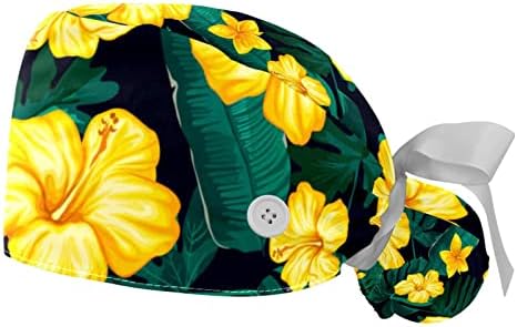 Lorvies Medical Caps za žene sa tipkama Long Hair, 2 komada Podesiva radna kapa, tropski dlaka žuti cvijet