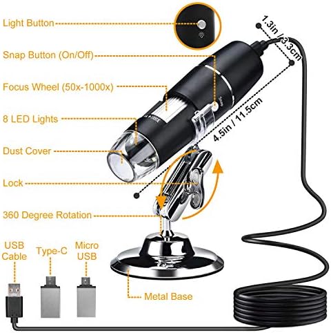 Endoskop za uvećanje od 40 do 1000x, 8 LED USB 2.0 digitalni mikroskop, Mini kamera sa OTG adapterom i metalnim