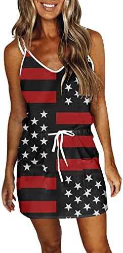 HCJKDU Dnevne haljine za žene za žene Spaghetti remen bez rukava V izrez američka zastava