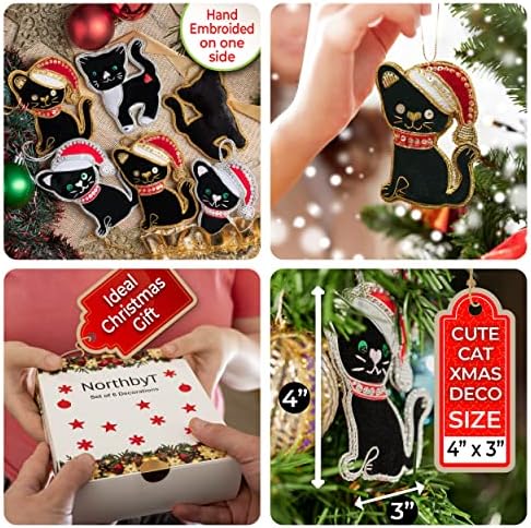 NORTHBYT Cat Božić dekoracije Set 6 ručno rađen & jedinstvena crna mačka ukrasi za jelku-Cat Božić