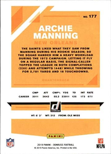 2019 Donruss Fudbal 177 Archie Manning New Orleans Saints Službena trgovačka kartica NFL iz Panini America
