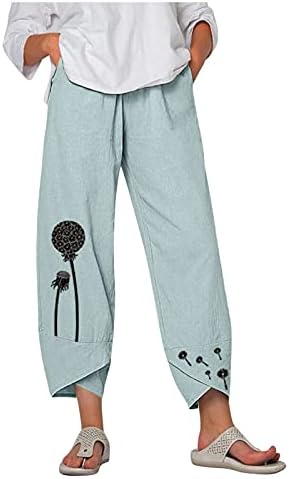 Pamučne posteljine za žene za žene za žene Ležerne prilike ljetne hlače sa džepovima Loose Fit Boho Comfy