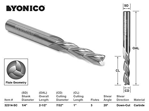 Yonico Downcut Router Bits Spiral 3 flauta Solid Carbide CNC kraj mlin 7/32-inčni Dia. 1/4-inčni