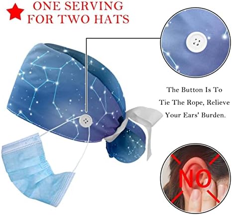 Medicinske kape za žene sa dugmićima duge kose, 2 komada podesiva radna kapa, zvjezdano nebo nauka