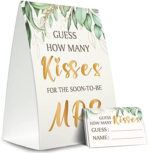 Bridal tuš karte Kit, zelenilo Zlatni, pogodite koliko poljubaca za ubrzo za Mrs, Bridal Tribe Party - RH16