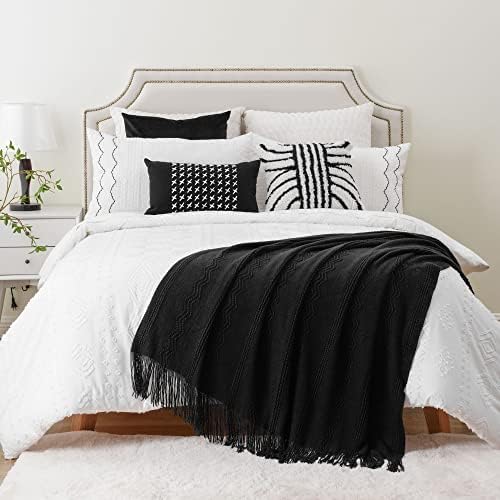 Battilo Home Crno bacanje pokrivač s rubom, bacanjem kreveta za kućni dekor, ukrasni crni pleteni bacanje za kauč