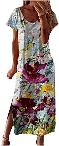 Ženska ljetna Maxi haljina Casual labava slika cvjetno štampane duge haljine kratki rukav Split trendi