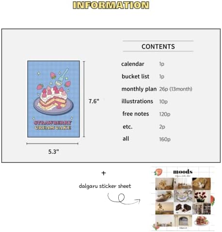 Slatka estetska korejska mjesečna + besplatne note Planer 2023 datiran + naljepnica - 160 stranica, mekani