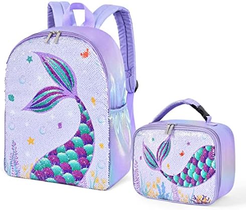Mermaid Kids Backpack set - 15 Mermaid Squins školski ruksak s torbom za ručak za djevojke Predškolska