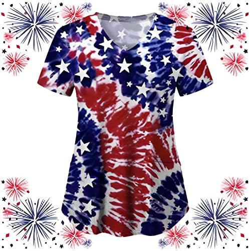 4. jula majice za žene američka zastava ljetna kratka rukava V vratna košulja sa 2 džepa bluza Top Holiday Casual