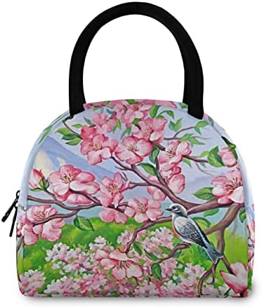 Alaza Sakura grana cvjetanja sa dvije ptice torba za ručak tote izolovane hladnjače za višekratnu upotrebu