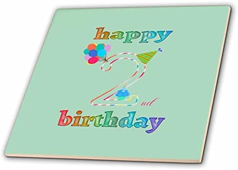 3drose sretan 2. rođendan, Cupcake sa svijećom, baloni, šešir, šareni-pločice