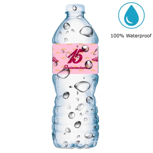 20 etiketa za vodu Quinceanera, Mis Quince vodootporne umoče za boce za vodu, naljepnice za 15 rođendanskih