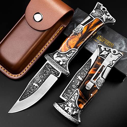 Nedfoss Pokloni za muškarce Pocket sklopivi nož, 9 ugravirano jedinstveno sečivo, drva džepni nož sa bravom