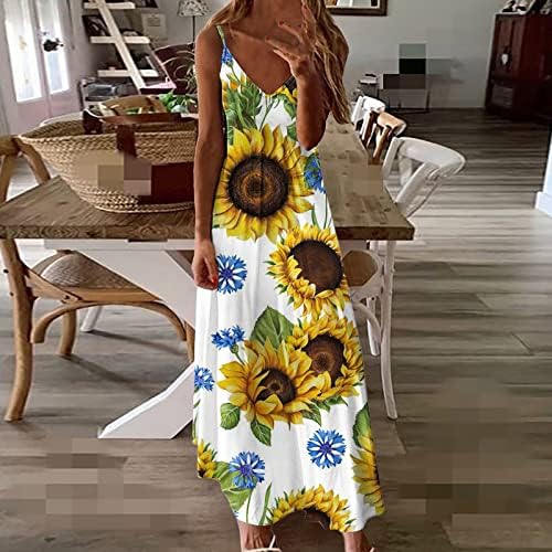 Ženske Ležerne ljetne haljine cvjetni špageti remen V izrez duge haljine na plaži bez rukava