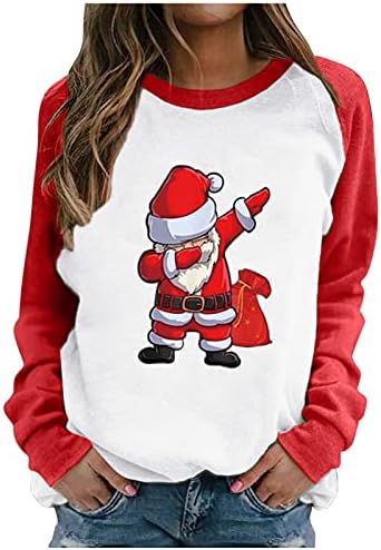 Ženski božićni pulover Duks boja blok božićno drvce Santa Claus Ispišivanje grafičkih vrhova s ​​dugim rukavima