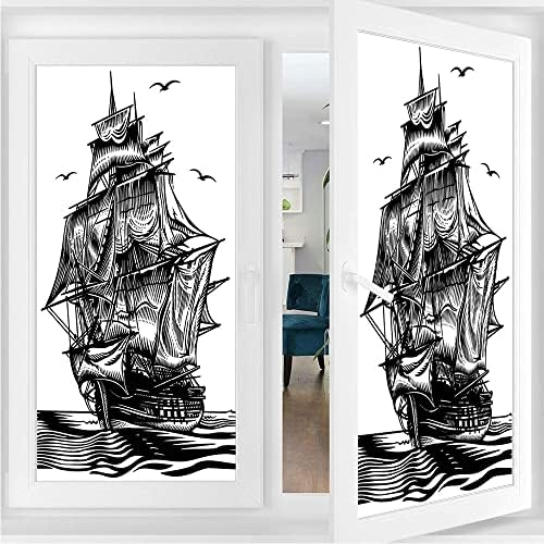 Pirate brod Ljepljivi prozor, Ilustracija umjetnosti nautičke linije s vintage jedrilom na egzotičnim