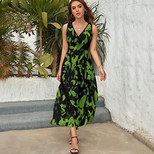 Zeleni leteći listovi list ženske duge haljine bez rukava V vrat rezervoar Maxi haljina plaža Casual