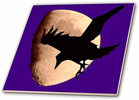 3drose Noćna Vrana silueta protiv ružičastog Crvenog mjeseca za Noć vještica Art-Tiles