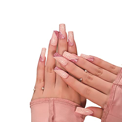 Pink francuska presa na noktima za žene djevojke kratki kvadratni lijes Glitter Star Snowflake puni poklopac