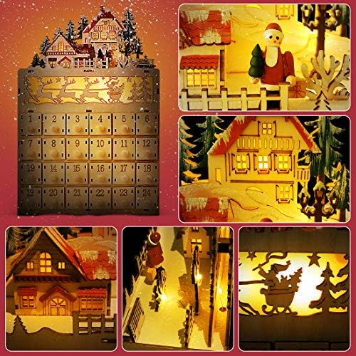 TOPNEW drveni LED Božić sanke Advent Kalendar, 24 otvaranje ladice odbrojavanje do tradicionalnih LED Drvo