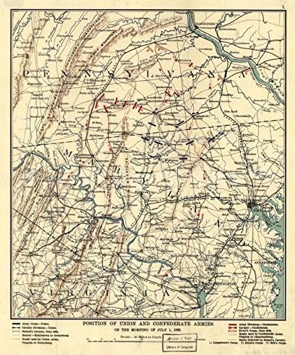 Karta iz 1863.| položaj Vojske Unije i Konfederacije ujutro 1. Jula 1863. /