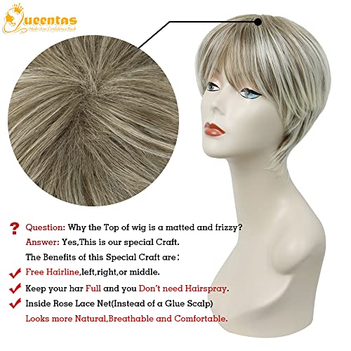 QUEENTAS Pixie ošišane kratke perike sa šiškama slojevita ravna Sintetička perika za kosu otporna na toplotu za bijele žene