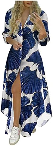 Fwflyway Ljetne haljine za žene 2022, modni ležerni listovi za ispis košulje seksi V rect gumb