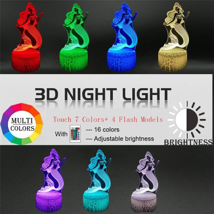 3d Princess Night Light Mermaid, iluzija lampa za djecu 16 boja mijenja dodir i daljinsko upravljanje