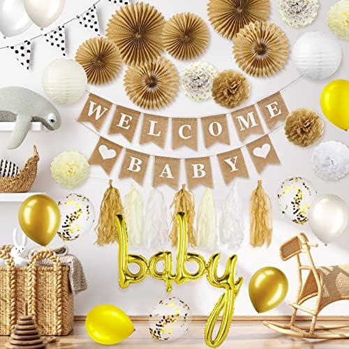 58 kom rustikalni dekoracije za bebe Neutralno uključuje 2 BURLAP Welcome Baby Banner 6 Paper Lanterns