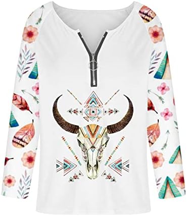 Ženske Casual Zipper V vrat majice Vintage Western Aztec etnički Print Tops Plus Size Dugi rukav tunika bluza