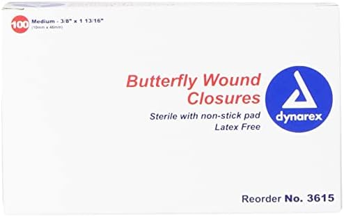 Dynarex Adhesive Bandage, Butterfly Fab, srednji, 3/8 inča x 1 13/16 inča sterilni, 100 Count