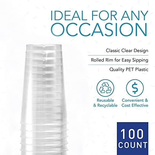 Tebery 100 pakovanja prozirnih plastičnih čaša za zabave, 16oz čaša za jednokratnu upotrebu plastičnih