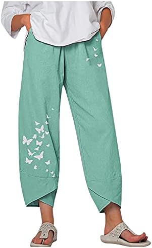 Capri pantalone za žene pamučne posteljine široke noge Capris ljetni leptir cvjetni print plažu