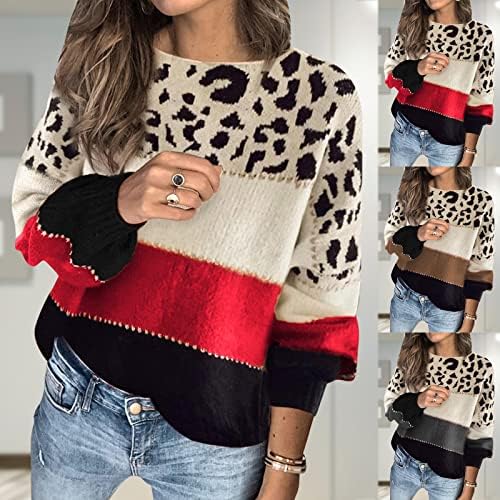 Ženski pleteni džemper vrhovi ležerne boje u boji dugih rukava pulover Leopard tiskane majice