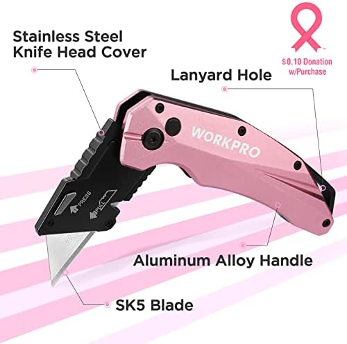 Workpro noževi za pomoćne noževe, zamjena pomoćnih noževa od 100 paketa sa dozatorom i ružičastim sklopivim