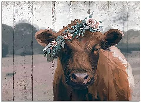 Vintage Farmhouse Cow zidni dekor, Retro Highland Cow zidna Umjetnost, Rustikalna slika na platnu za kućni