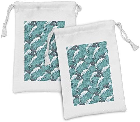 Ambesonne Sea Životinki Tkaninski torbica set od 2, valovitog okeana sa dupinima vjetrovitim surfanjem doodle stil umjetničkog tiska, mala torba za kockicu za toaletne potrepštine, 9 x 6, siva od drvenog uglja, siva teal bijela