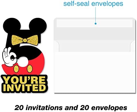 Crni i crveni miš 5. rođendan Poziv na zabavu Glitter Slatki miš 5 godina stari rođendanski oblikovani pozivnice za popunjavanje sa kovertama, skup od 20