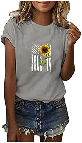 Ženski ljetni kratki rukav, 4. srpnja Američka zastava Majica Casual okrugla Sunflower Print Patriotske