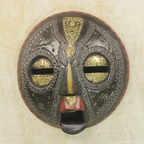 Novica Ganaian Sese Wood zidna maska ​​sa mesingom i aluminijskim naglascima, znak zaštite '