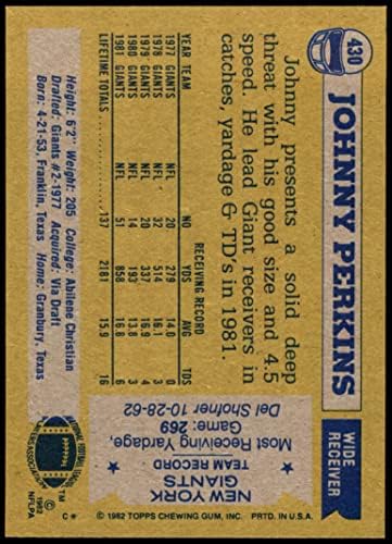1982 TOPPS 430 Johnny Perkins New York Giants-FB Nm / Mt Giants-FB Abilene-Christian