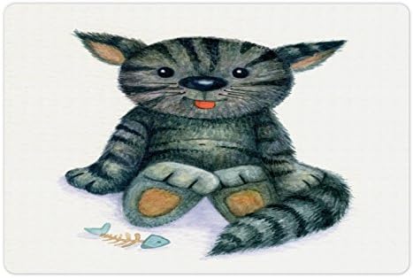 Ambesonne Cat Pet Mat za hranu i vodu, sretna ilustracija teddy mačke sa mrtvim ribljim kosturom crtanim