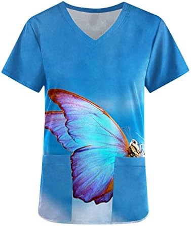 Piling Tops za žene trendi leptir štampani kratki rukavi medicinske uniforme Casual V-izrez košulje