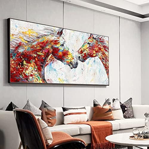 Moderna ručno obojena teksturirana uljana slika-apstraktni Baner par konja životinja pozadina