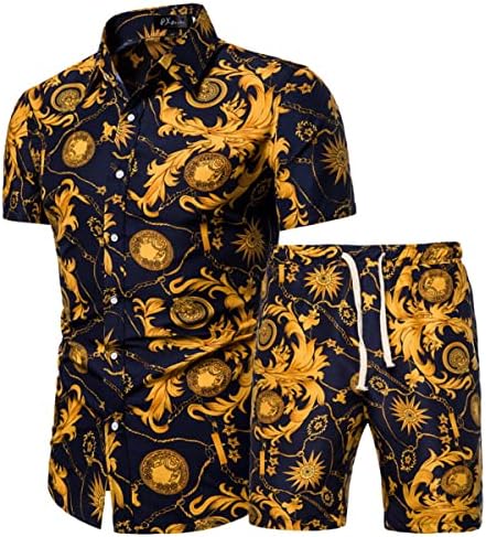 Kissqiqi Muški 2 komada odijelo za odmor trenerke Cvetni ležerni gumb niz havajska majica kratkih rukava i odijela