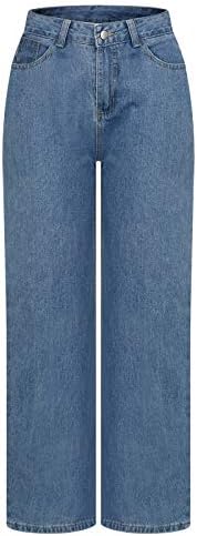 Miashui savršena spavaća pant džep modni ispis labavi struk traperice u boji čvrste plave ženske